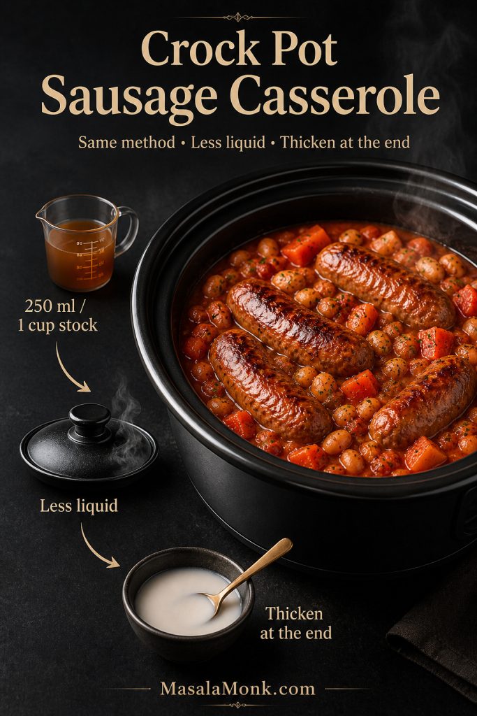 Crock pot sausage casserole guide showing less stock, trapped steam and cornflour slurry for thickening.