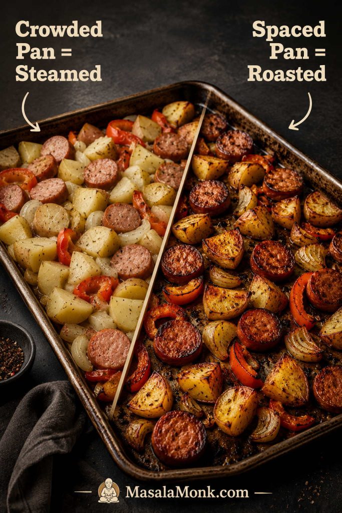 Comparison of a crowded sheet pan that steams and a spaced sheet pan that roasts.