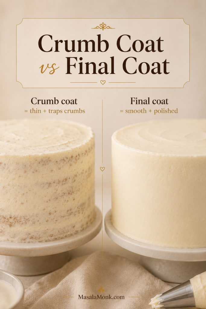 Side-by-side cake comparison showing a thin crumb coat and a smooth final buttercream coat.