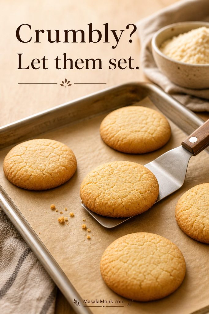 Almond flour cookie lifting cleanly with a spatula after setting on the baking sheet.