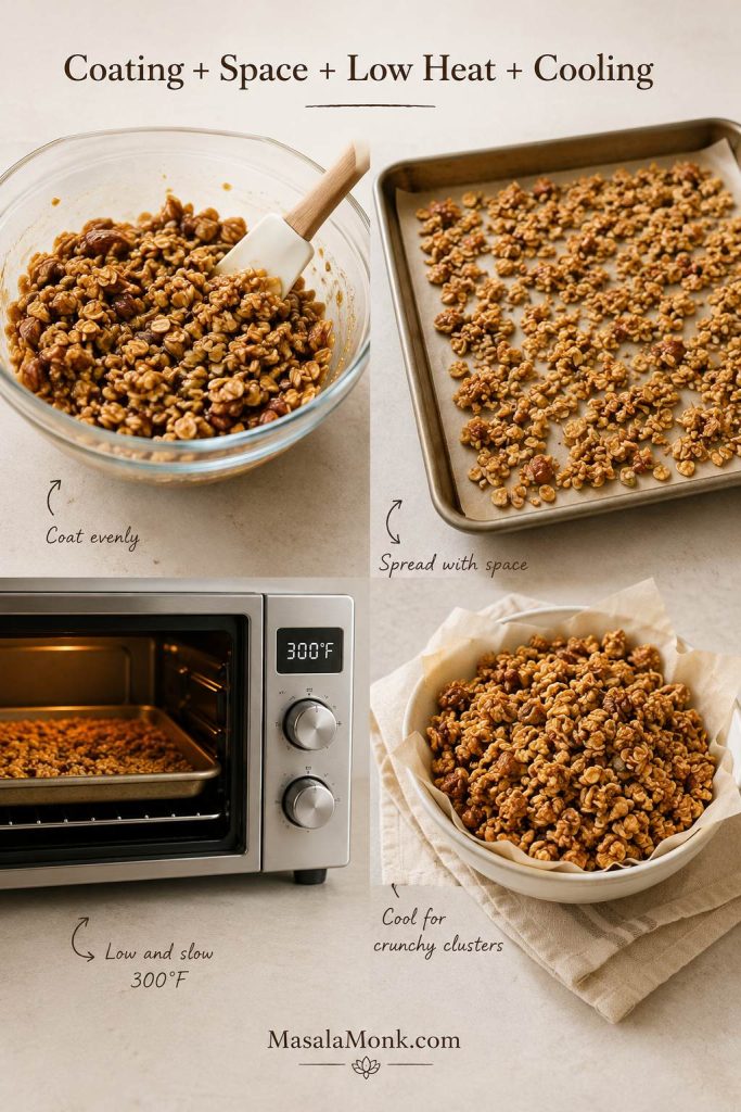 Granola texture guide showing coated oats, spaced granola on a tray, a low oven cue, and cooled clusters.