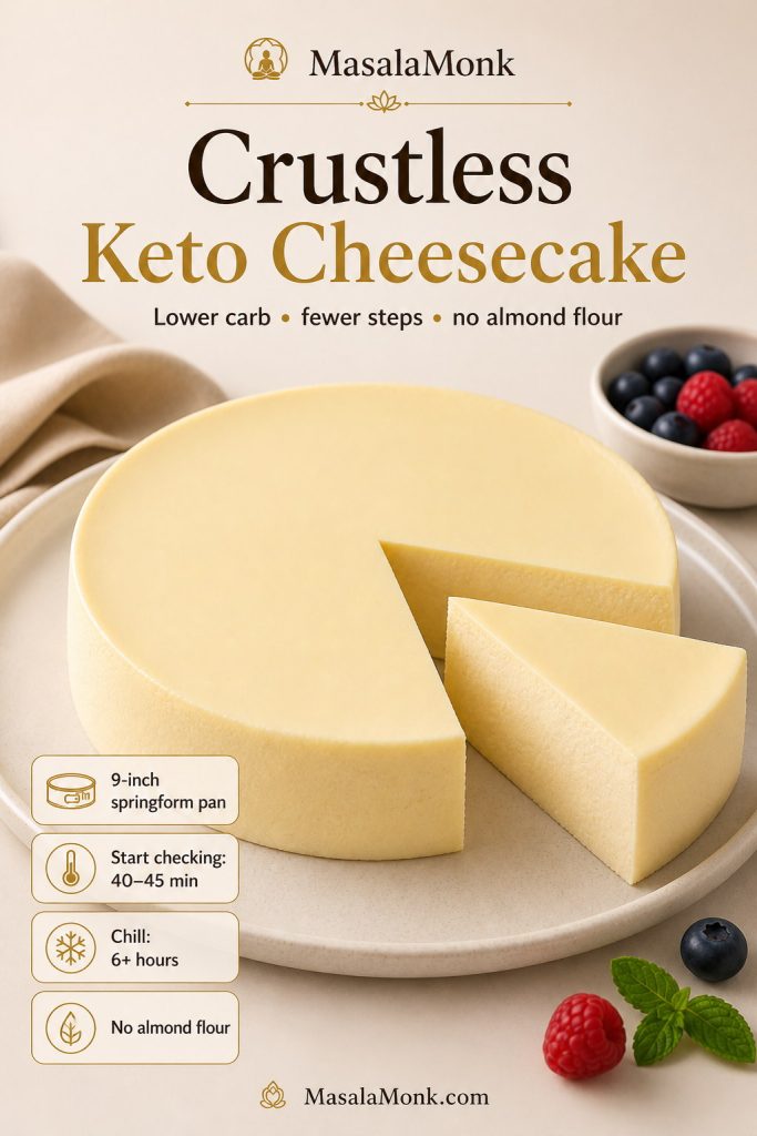 Crustless keto cheesecake with a clean slice removed, smooth filling, and notes for checking bake time and chilling.