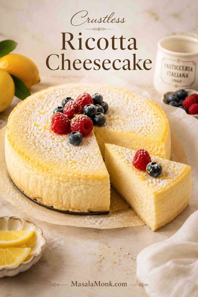 Crustless ricotta cheesecake with one slice removed, berries, lemon, and powdered sugar
