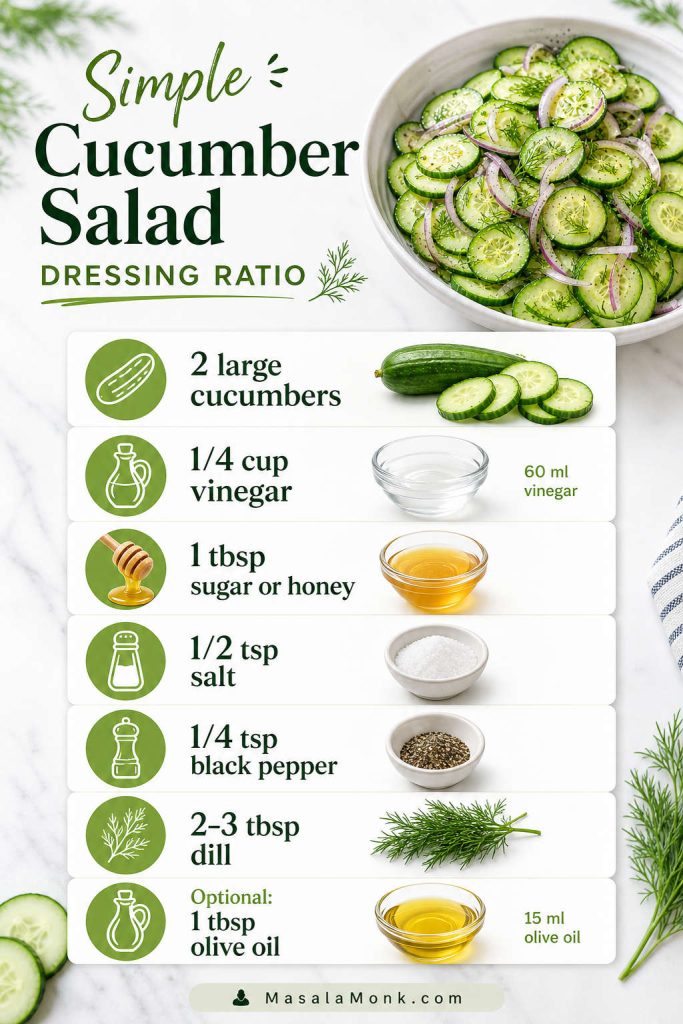 Dressing ratio guide for cucumber salad with cucumbers, vinegar, sugar or honey, salt, pepper, dill, and optional olive oil.