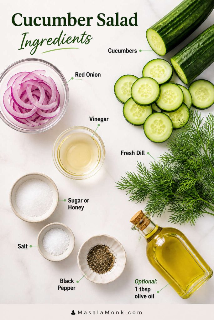 Ingredients for cucumber salad arranged on a light surface: cucumbers, red onion, vinegar, dill, sugar or honey, salt, pepper, and optional olive oil.