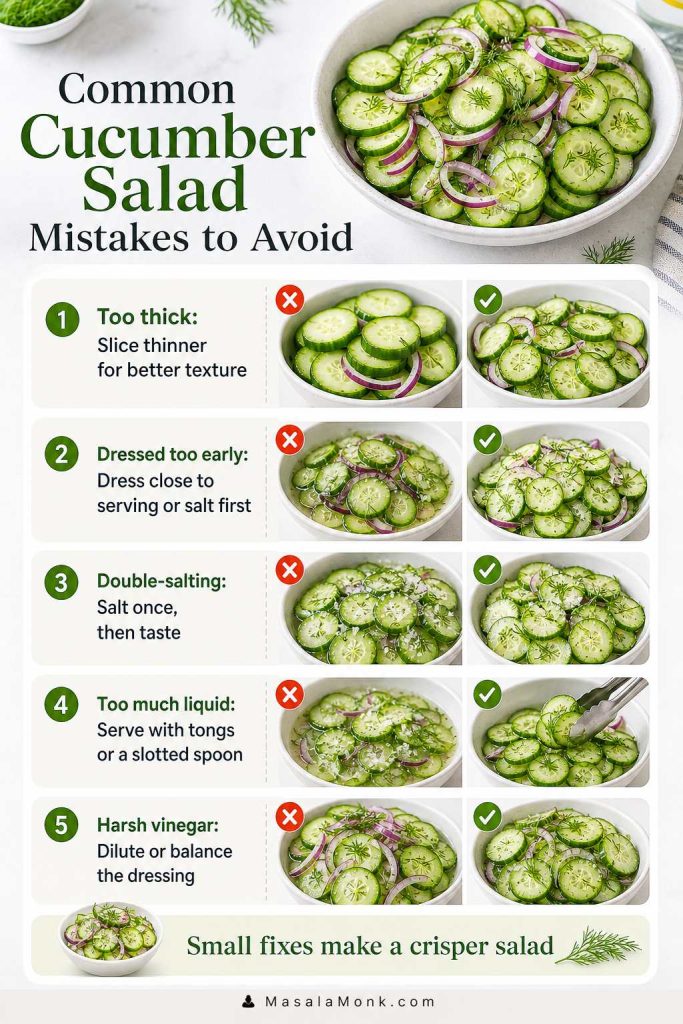Mistakes guide showing fixes for thick slices, dressing too early, double salting, too much liquid, and harsh vinegar.