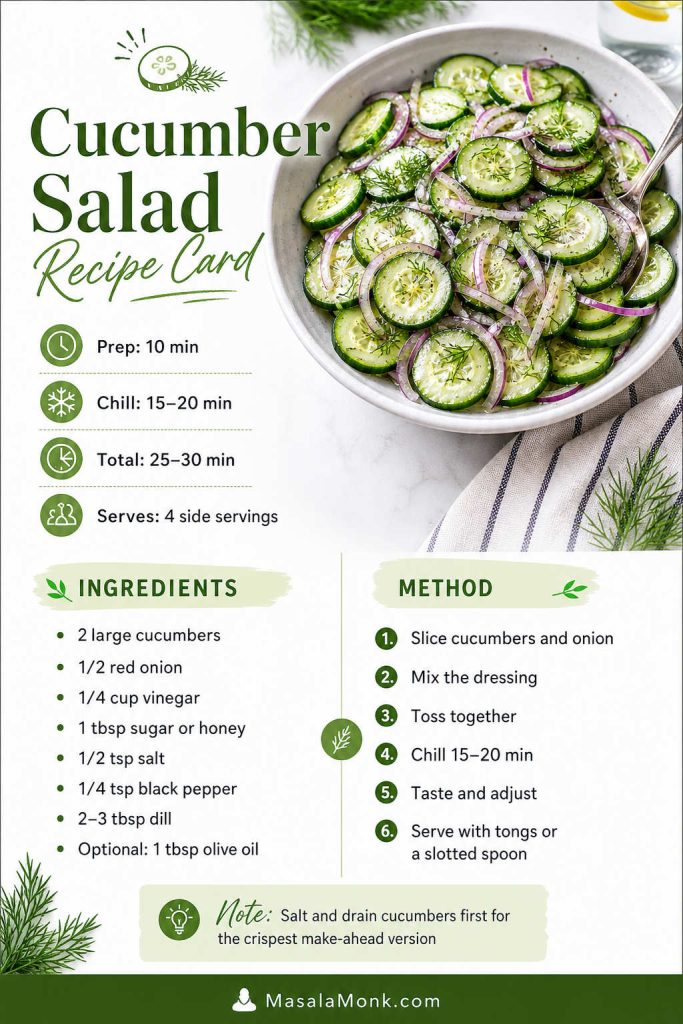 Saveable cucumber salad recipe card with prep time, chill time, servings, ingredients, method steps, and a salt-and-drain note.
