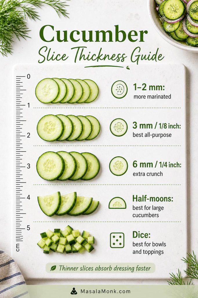 Measurement guide showing cucumber slices at 1 to 2 millimeters, 3 millimeters, 6 millimeters, half-moons, and dice.