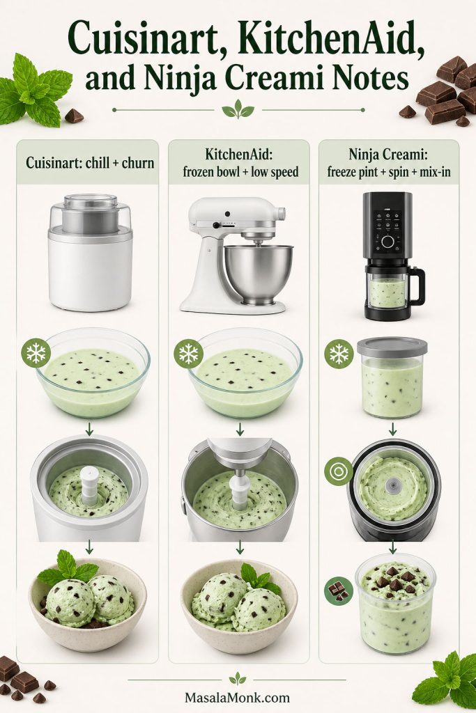 Equipment comparison for mint chip ice cream showing Cuisinart, KitchenAid, and Ninja Creami methods with churned and frozen pint steps.