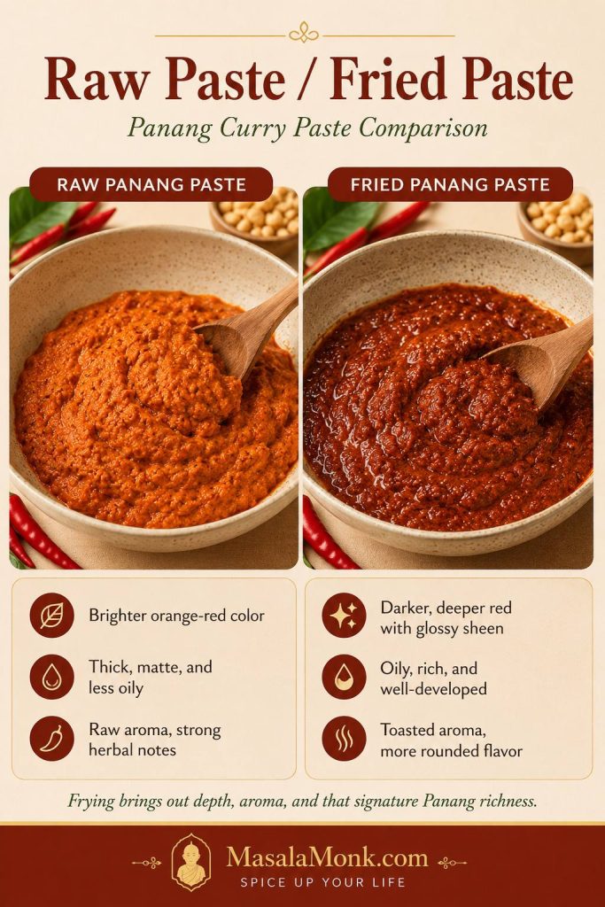 Side-by-side comparison of raw Panang curry paste and darker fried Panang curry paste in a pan.