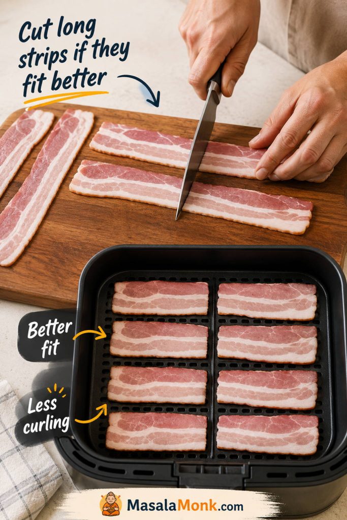 Raw bacon strips being cut in half before being arranged in an air fryer basket.