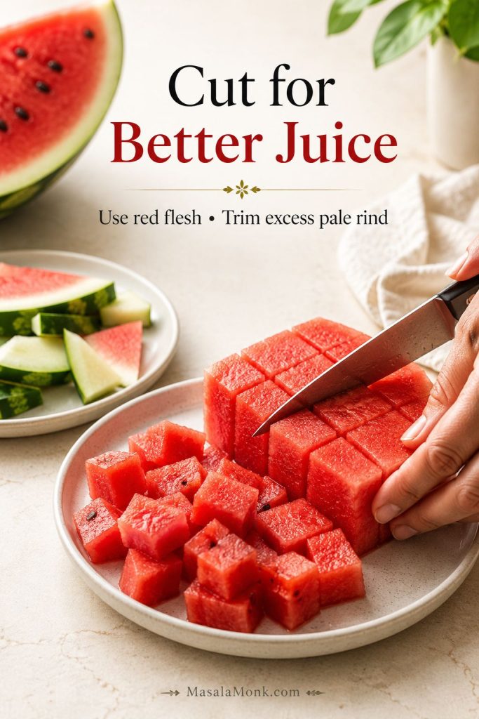 Watermelon being cut into red cubes with the pale rind trimmed away for making juice.
