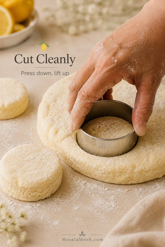 A hand pressing a round cutter straight down into thick lemonade scone dough on a lightly floured surface.