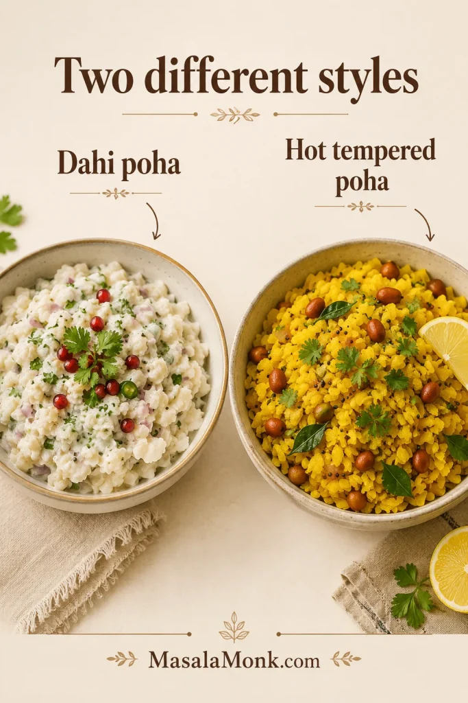 Dahi poha with curd compared with hot tempered yellow poha with peanuts, curry leaves, coriander, and lemon.