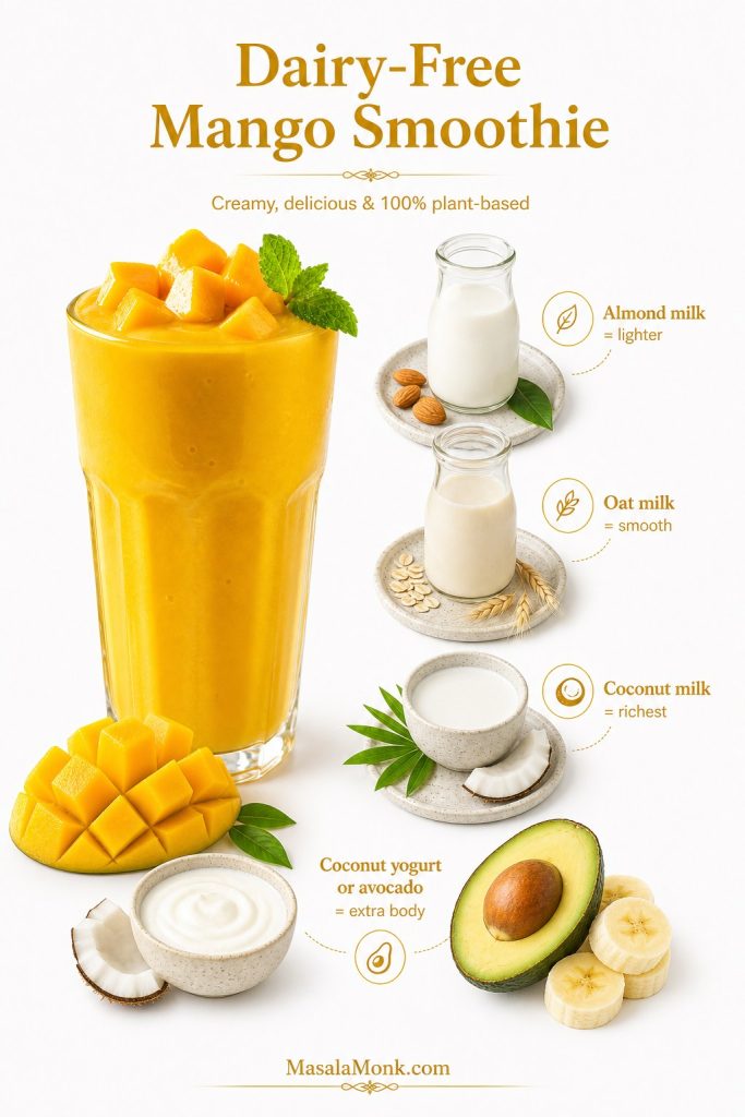 Dairy-free mango smoothie options with almond milk, oat milk, coconut milk, coconut yogurt, avocado, and mango.