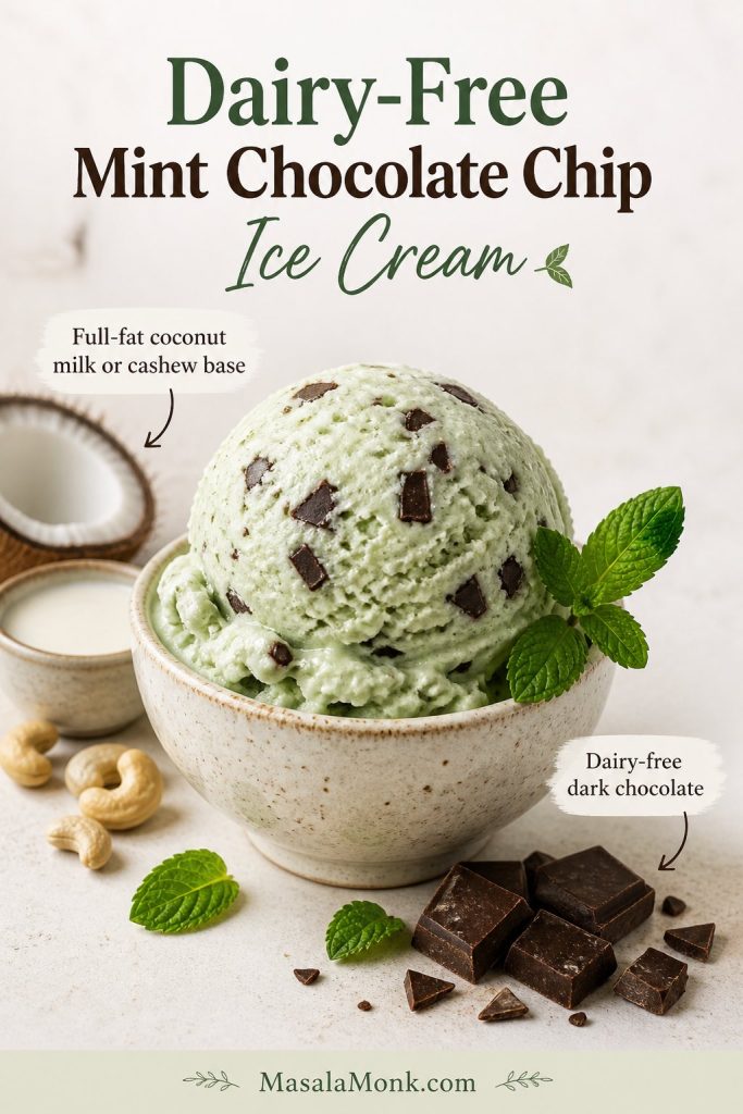 Dairy-free mint chocolate chip ice cream with a coconut milk or cashew base, dark chocolate pieces, and a mint garnish.