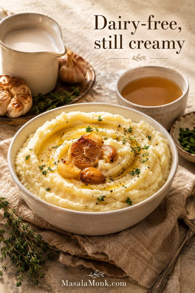 Dairy-free mashed potatoes with roasted garlic, olive oil, vegetable broth, plant milk, and herbs.