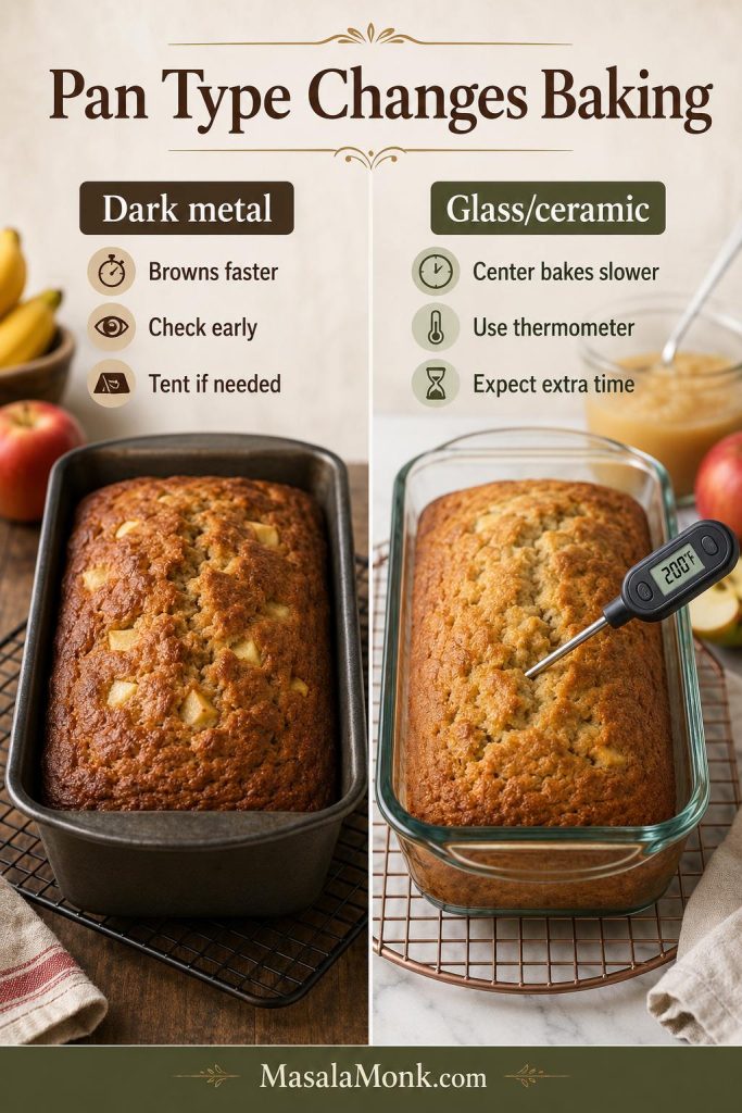 Dark metal versus glass or ceramic loaf pan comparison for banana bread, with browning and center-baking cues.