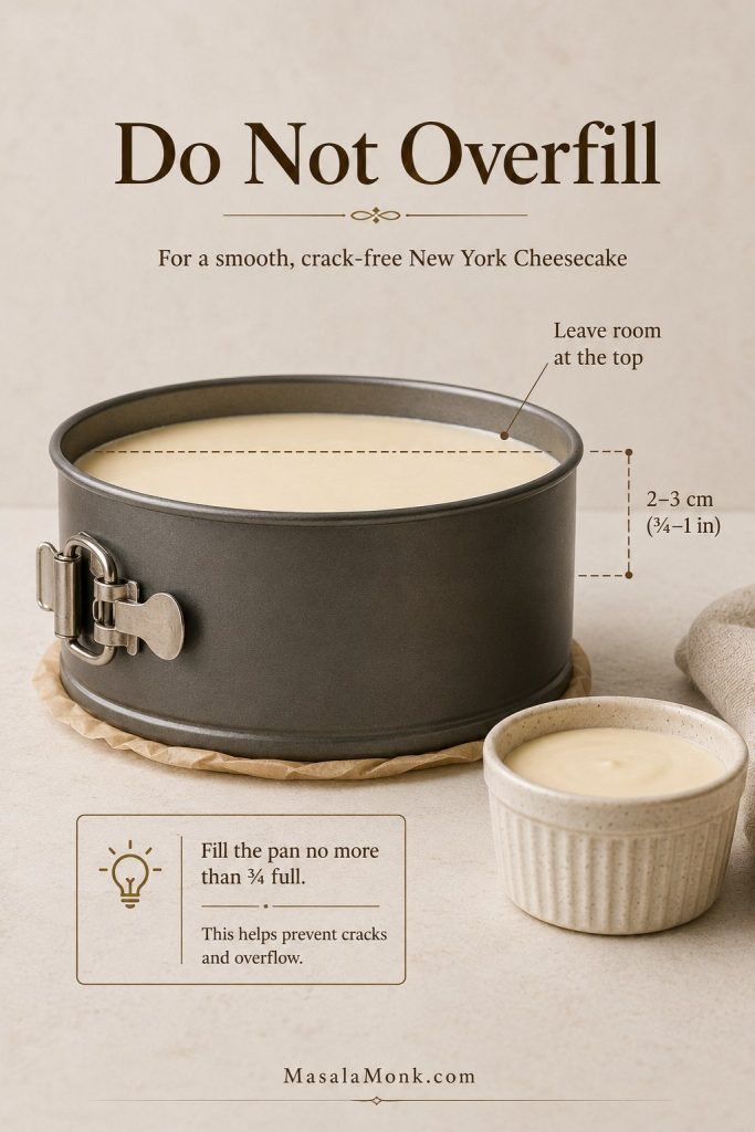 Side view of cheesecake batter in a springform pan with a safe fill line and extra batter in a ramekin.