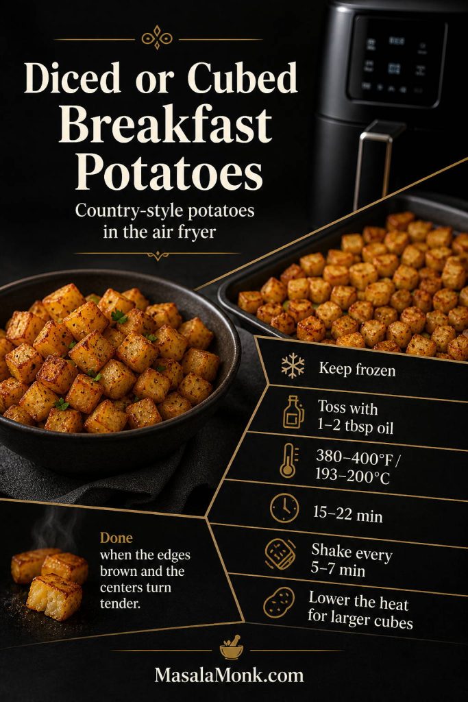 Infographic for diced or cubed breakfast potatoes in the air fryer showing seasoned potato cubes cooked in the basket with notes about 380 to 400 degrees Fahrenheit and shaking during cooking.