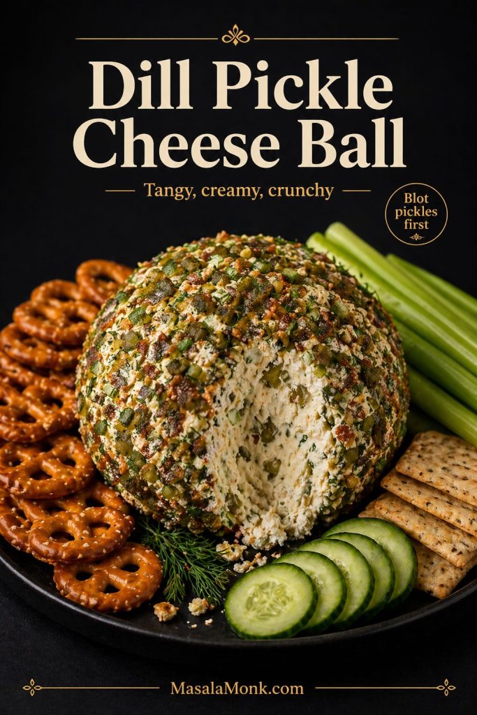Dill pickle cheese ball with chopped pickles, dill, herbs, and a creamy center, served with pretzels, cucumber slices, celery sticks, and seeded crackers.
