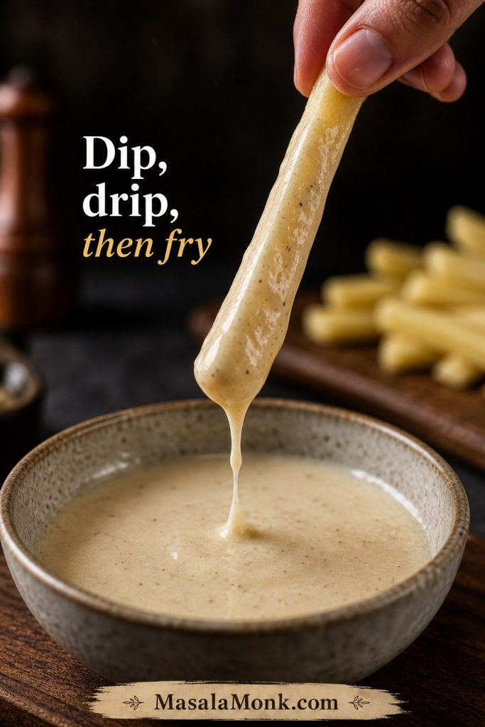 A potato fry lifted from batter with excess batter dripping back into the bowl.