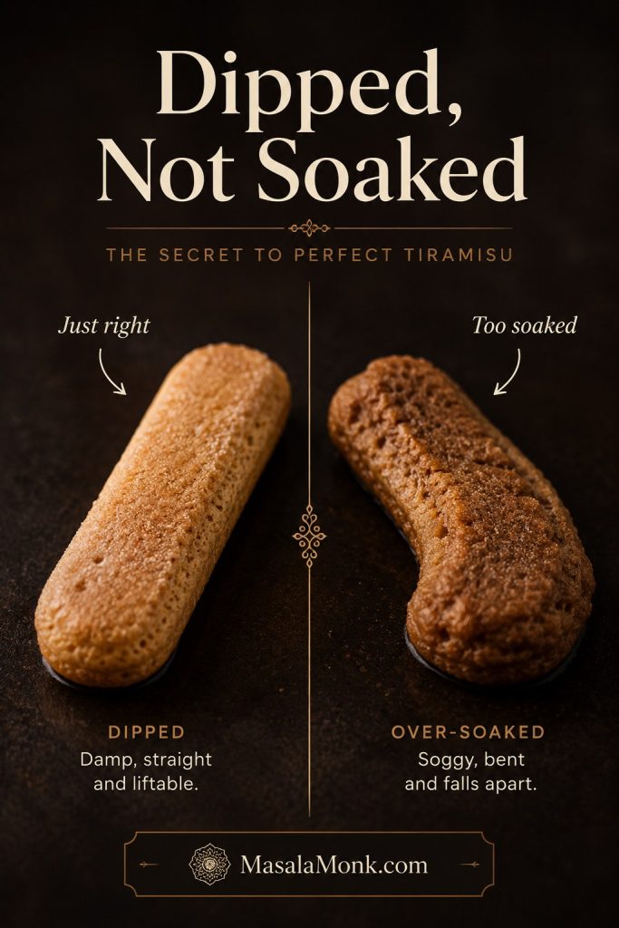 Dipped versus soaked ladyfingers for tiramisu, showing a firm dipped biscuit beside an over-soaked collapsing biscuit.