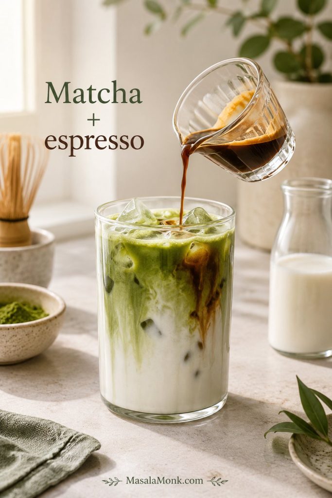 Espresso being poured into an iced matcha latte with milk and ice