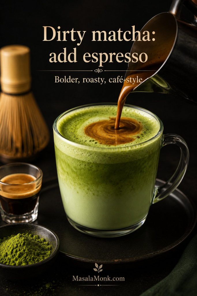 Espresso being poured into a green matcha latte with an espresso shot and matcha powder nearby.