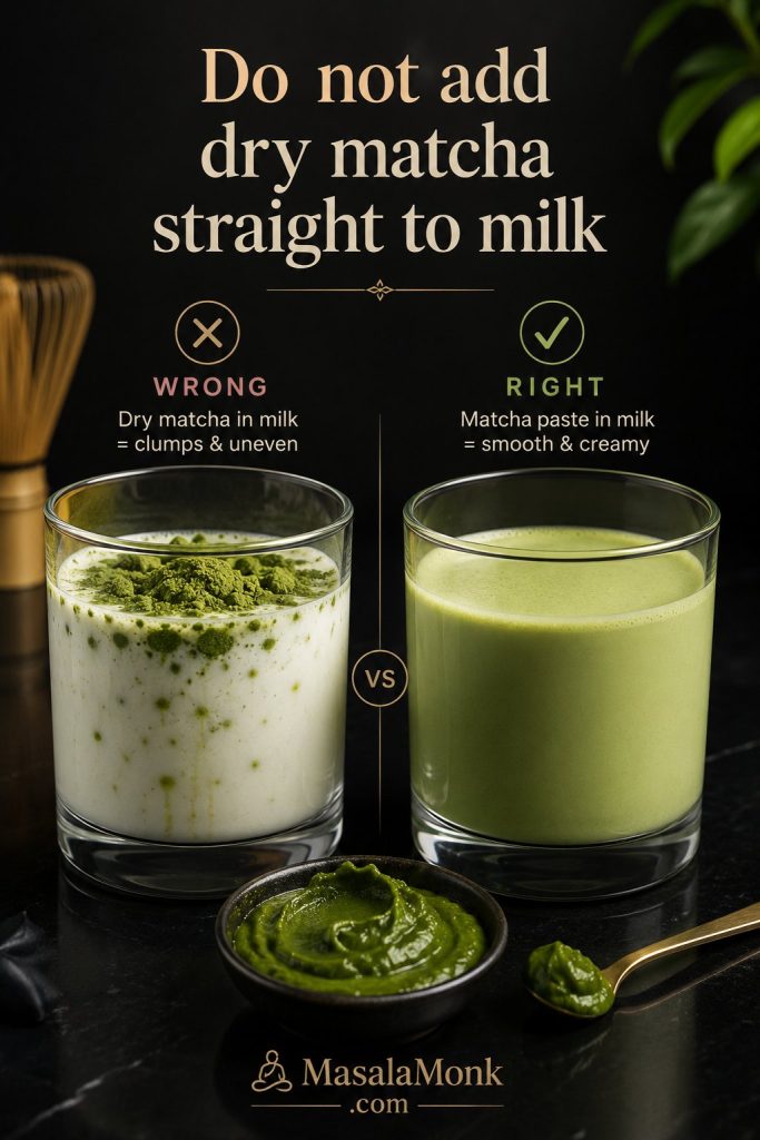 Dry matcha clumping in milk compared with smooth matcha paste blended into milk.