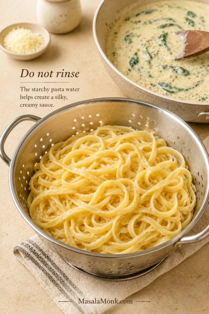 Drained pasta in a colander with a small Do not rinse label beside the pasta