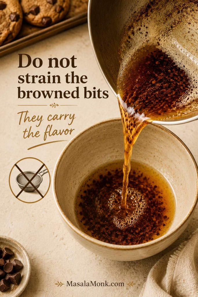 Brown butter being poured into a bowl with browned milk solids included and a note not to strain the browned bits.