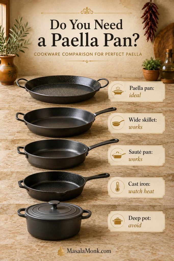 Cookware guide showing a paella pan, wide skillet, sauté pan, cast iron skillet, and deep pot for making paella.