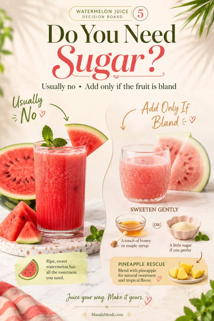 Decision board showing ripe watermelon needing no sugar and bland watermelon with optional sweetener or pineapple.