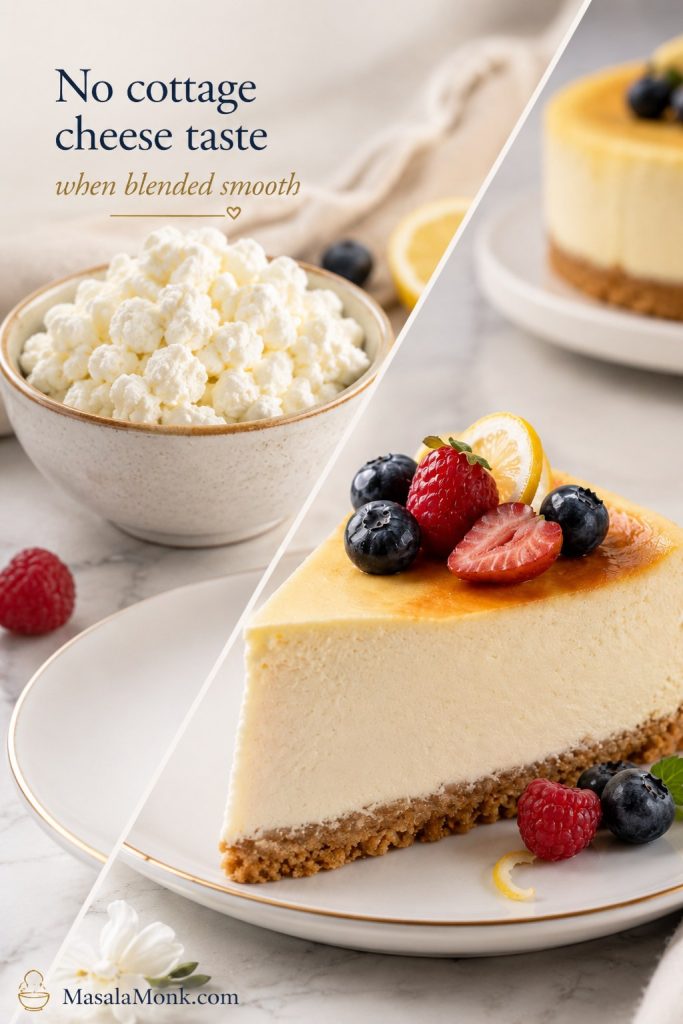 Curdy cottage cheese transforming into a smooth cheesecake slice with no visible curds