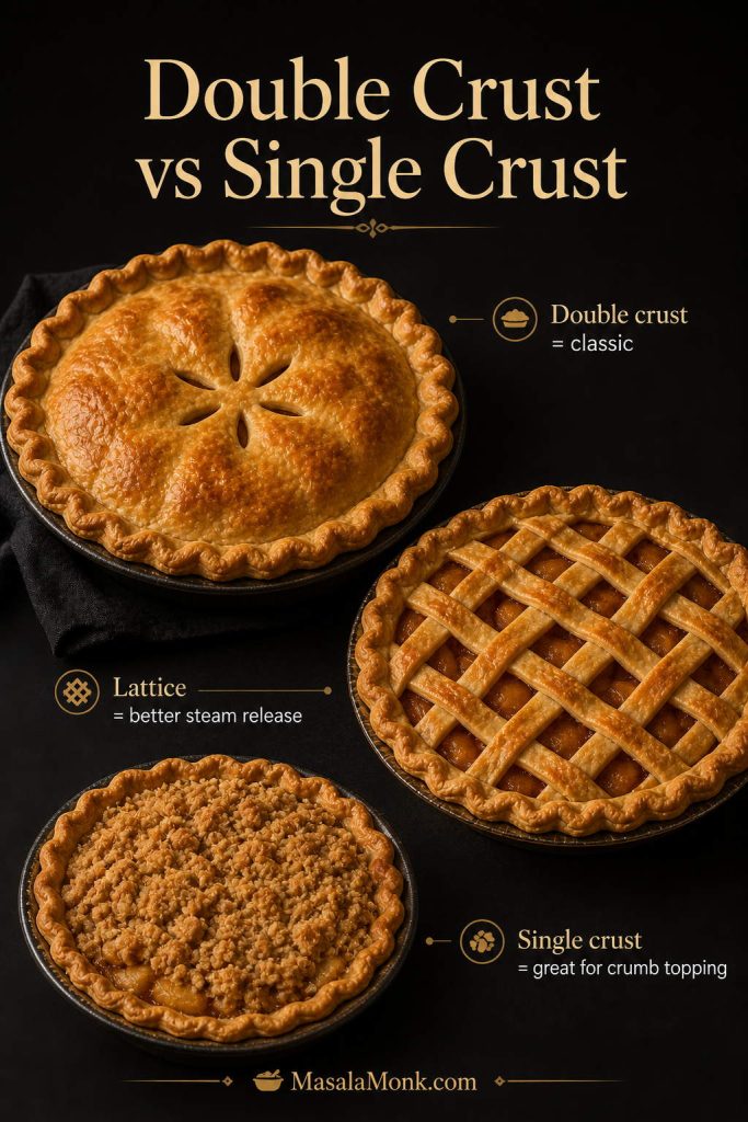 Comparison of double-crust apple pie, lattice apple pie, and single-crust crumb-topped apple pie on a dark background.