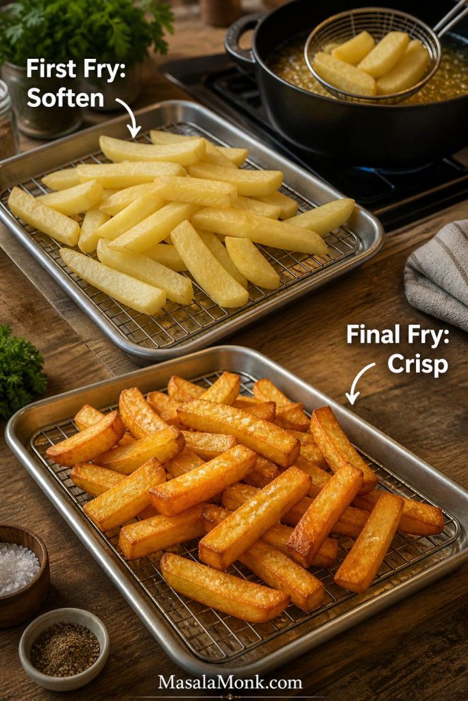 Double-fried chips showing pale first-fried chips and golden final-fried chips.