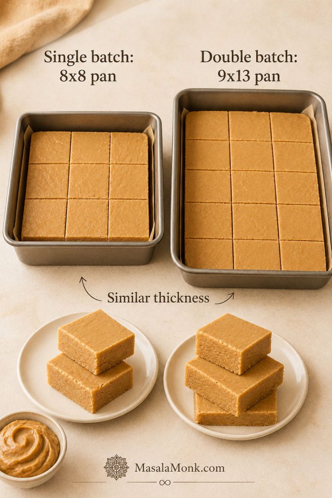 Pan size comparison showing a single batch of peanut butter fudge in an 8x8 pan and a double batch in a 9x13 pan.