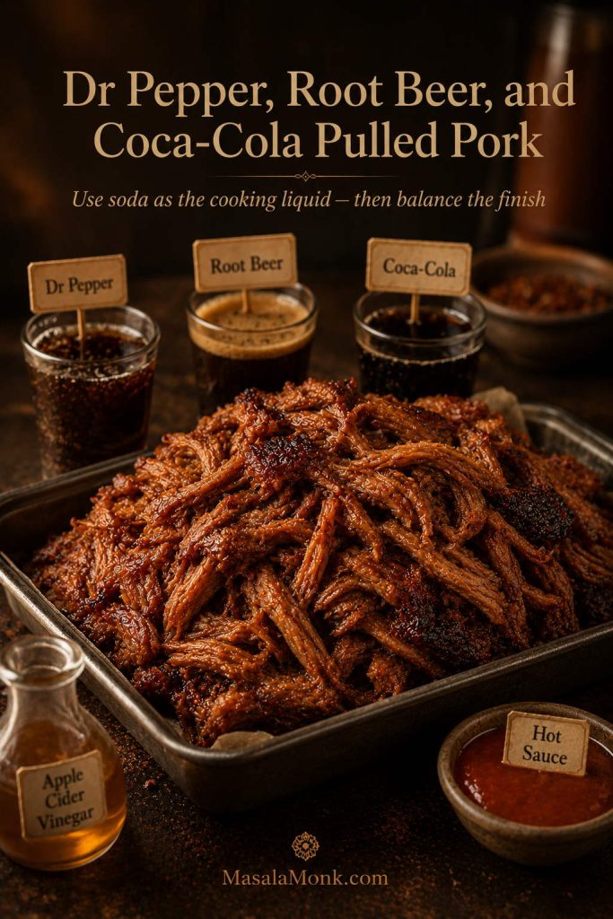 Soda variation guide with pulled pork, small labeled glasses for Dr Pepper, root beer, and Coca-Cola, plus vinegar and hot sauce for balance.