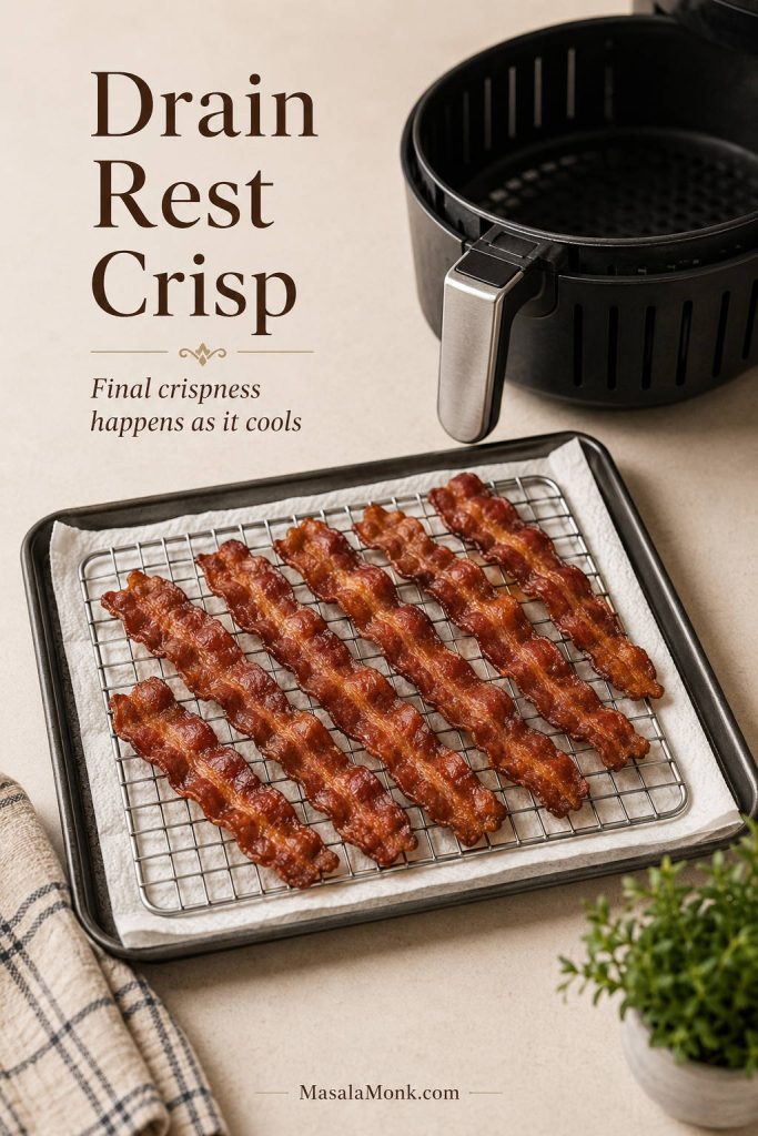 Cooked air fryer bacon resting on a wire rack with an air fryer basket nearby.