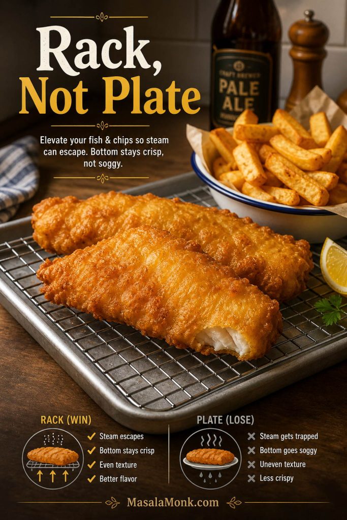 Crispy battered fish draining on a wire rack over a tray with chips nearby.