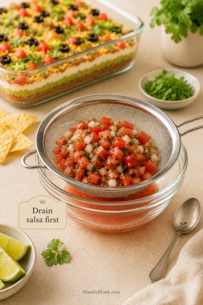 Chunky salsa draining in a fine-mesh strainer over a glass bowl with visible liquid below and text saying drain salsa first.