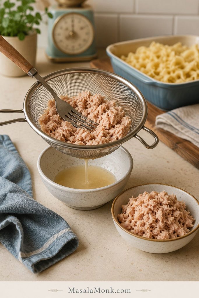 Canned tuna being drained in a fine mesh strainer before adding it to tuna noodle casserole.