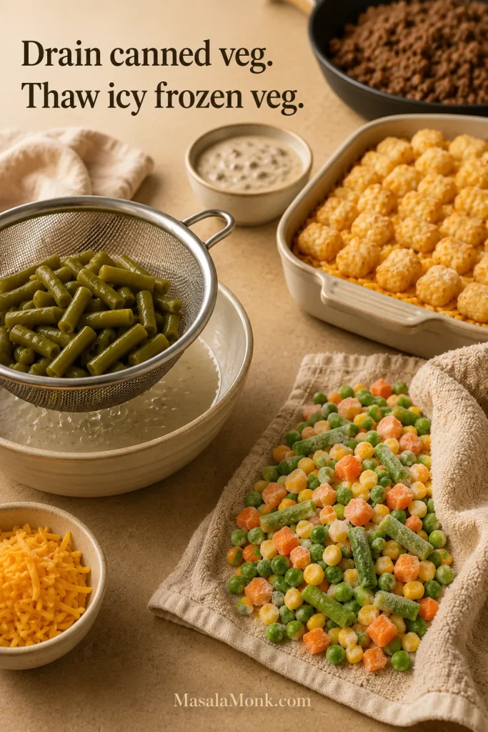 Green beans draining in a sieve and frozen mixed vegetables being thawed before adding them to tater tot casserole
