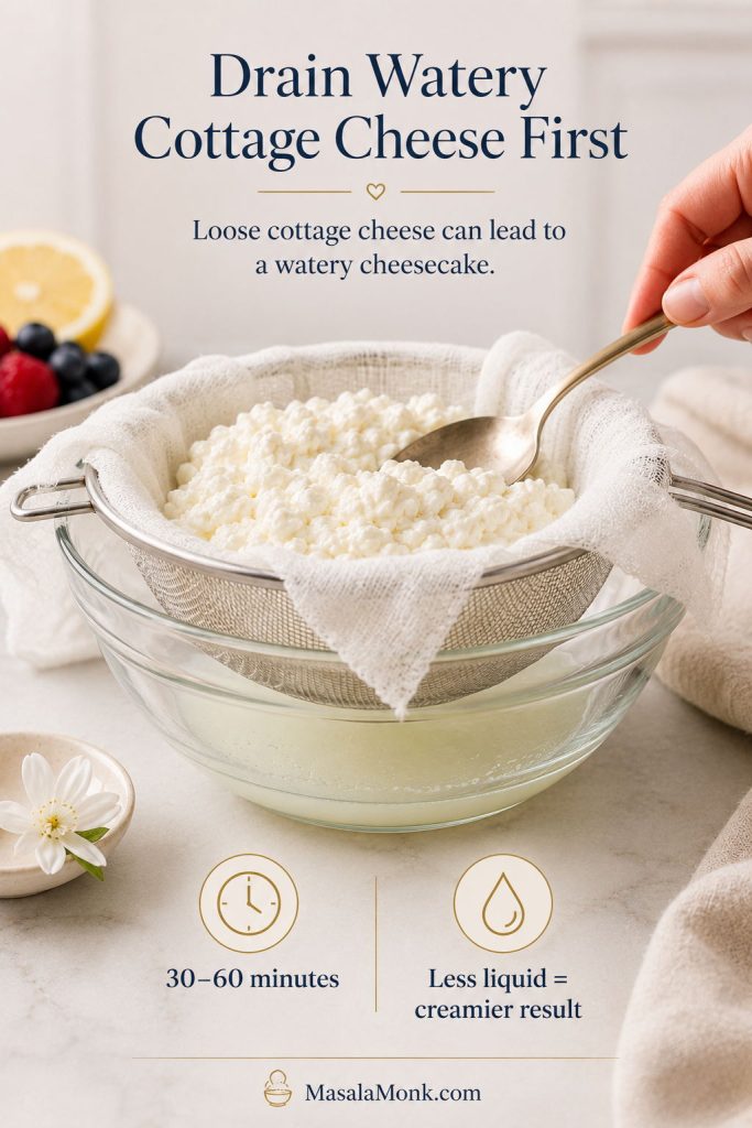 Watery cottage cheese draining in a fine-mesh sieve over a bowl before making cheesecake