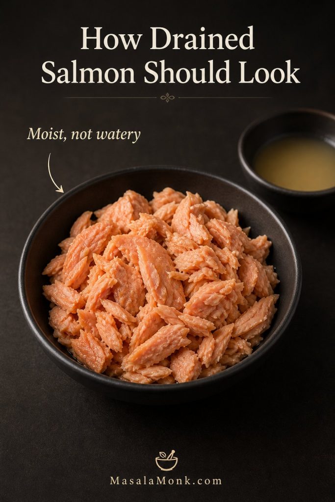 Drained canned salmon flakes in a bowl with excess liquid shown separately