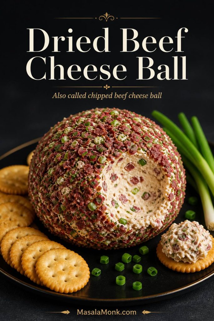 Close-up of a dried beef cheese ball, also called a chipped beef cheese ball, coated with finely chopped dried beef and green onion, with crackers and a scoop of the creamy filling visible.