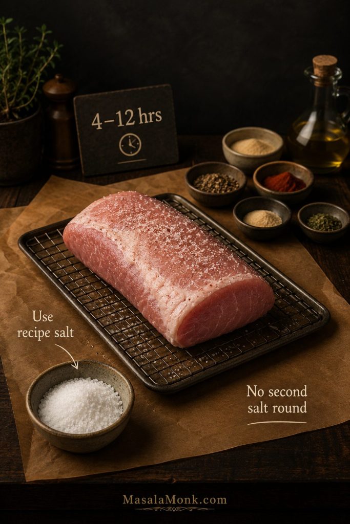 Dry brine setup for smoked pork loin with salted roast on a rack and remaining rub ingredients nearby