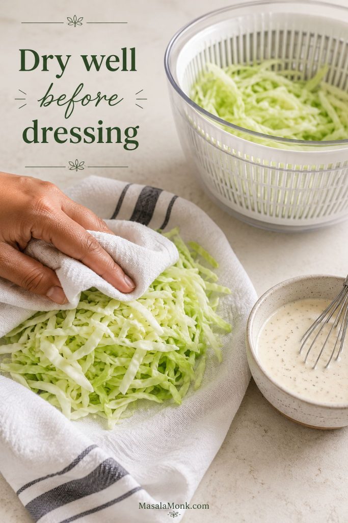 Shredded cabbage being dried with a clean towel before creamy dressing is added.