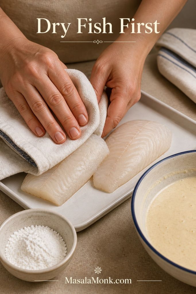 White fish fillets being patted dry with a towel before dusting and battering.